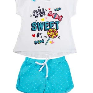 Completo mezza manica in cotone elasticizzato con stampa e fiocco + pantaloncino a pois