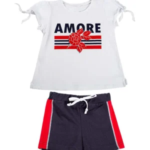 Completo mezza manica in cotone elasticizzato con stampa e pantaloncino con bande laterali in contrasto