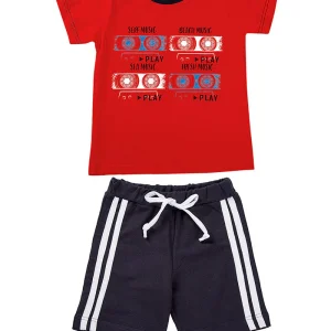 Completo mezza manica in cotone elasticizzato rigato con stampa e pantaloncino in contrasto